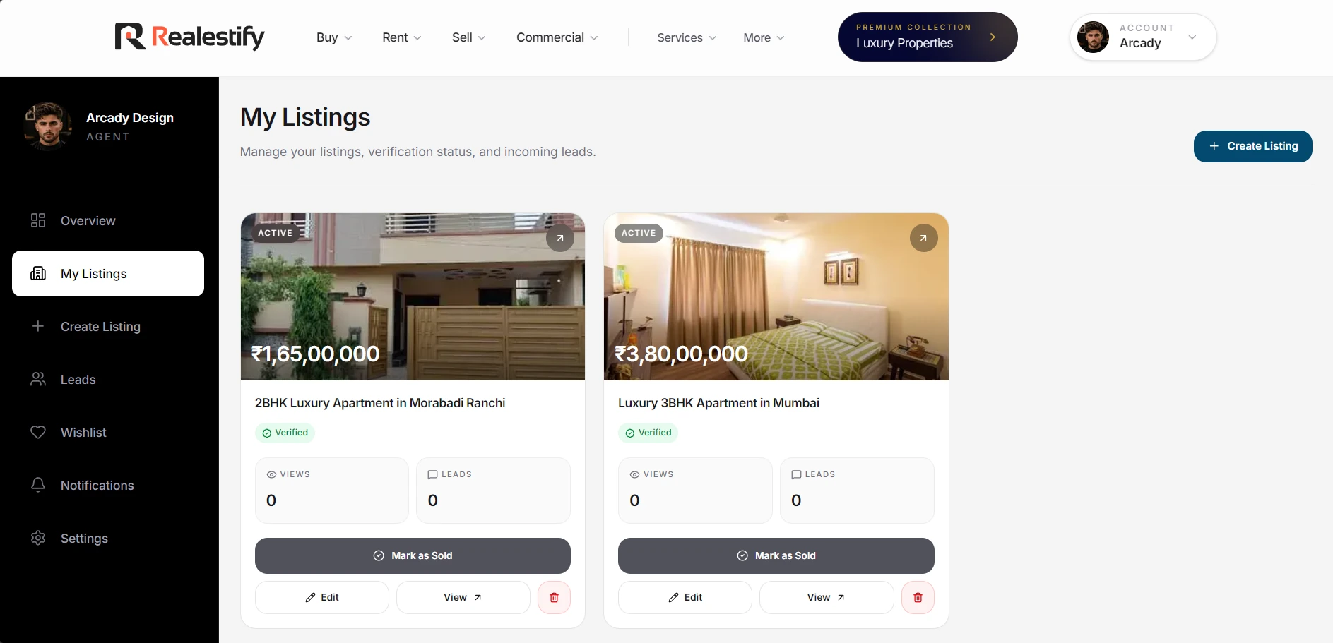 Realestify agent listings dashboard